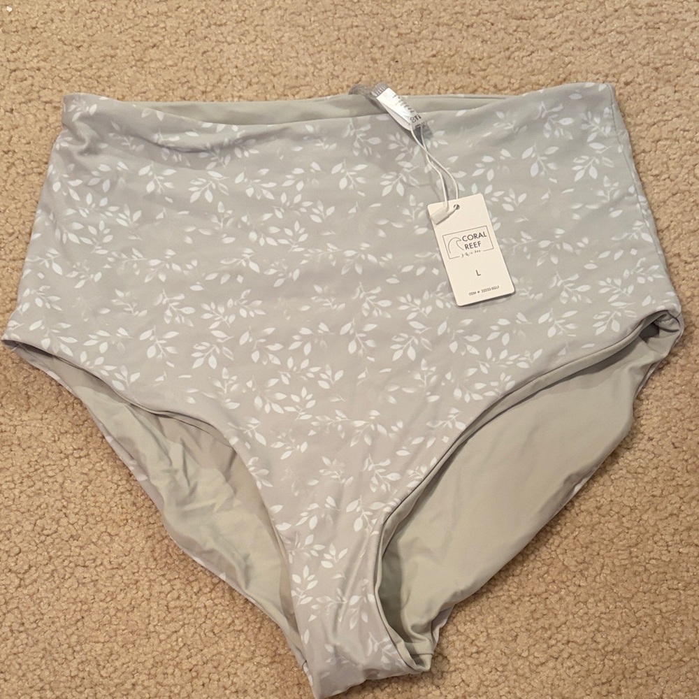 Sage Green Floral High-Waisted reversible Bikini Bottom